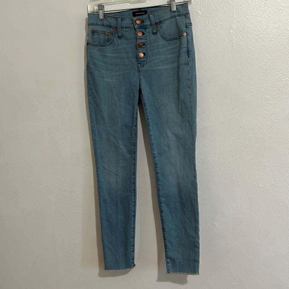 J Crew Fair Trade Certified Light Wash Button Fly Front Raw Hem Skinny Jeans 26